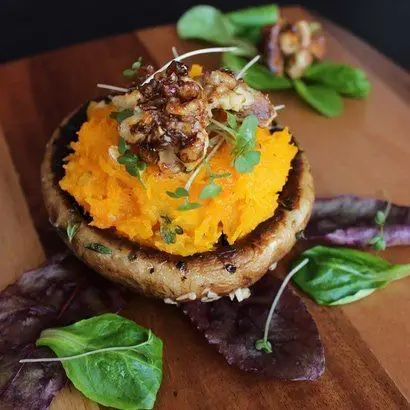 Portobello Mushroom with Roasted Pumpkin Mash and Caramelized Walnuts