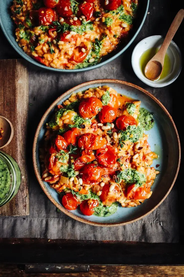 Roast Cherry Tomato & Thyme Risotto With Basil Pesto