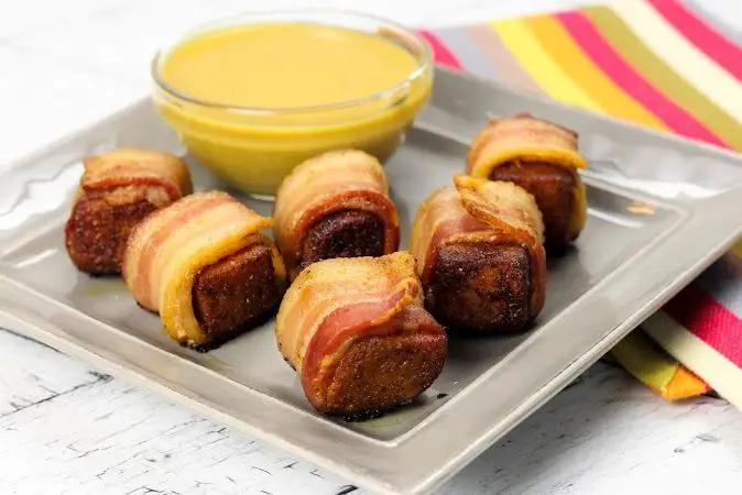 Bacon Wrapped Spam Bites With Spicy Honey Mustard