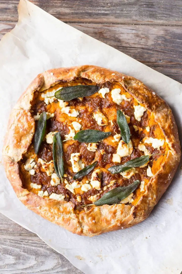 Brown Butter Pumpkin Galette With Caramelized Onions, Goat Cheese & Sage