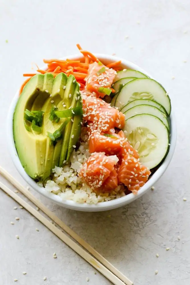 Cauliflower Rice And Salmon Poke Bowl