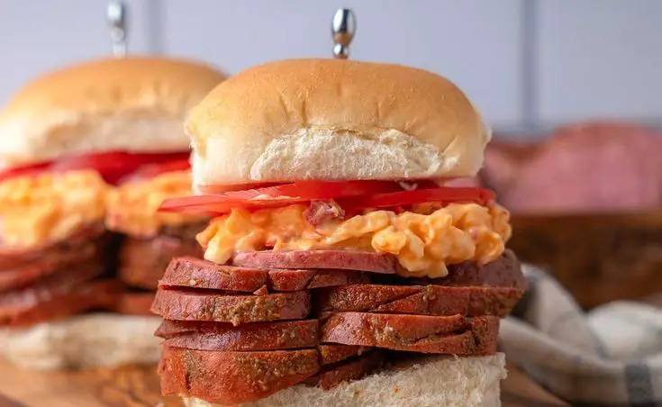 Grilled Bologna And Pimento Cheese Sliders